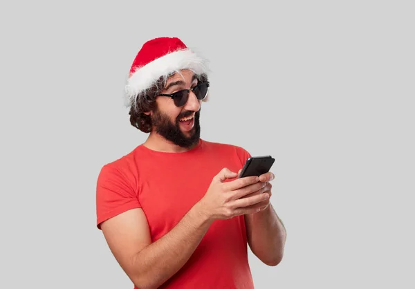 Gek Jongeman Met Mobiele Telefoon Kerst Concept — Stockfoto
