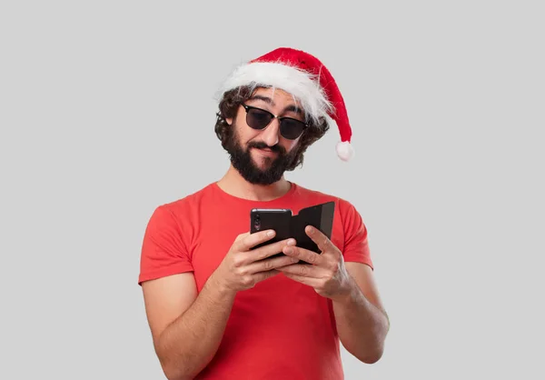 Junger Verrückter Mann Mit Handy Weihnachtskonzept — Stockfoto