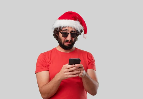 Gek Jongeman Met Mobiele Telefoon Kerst Concept — Stockfoto