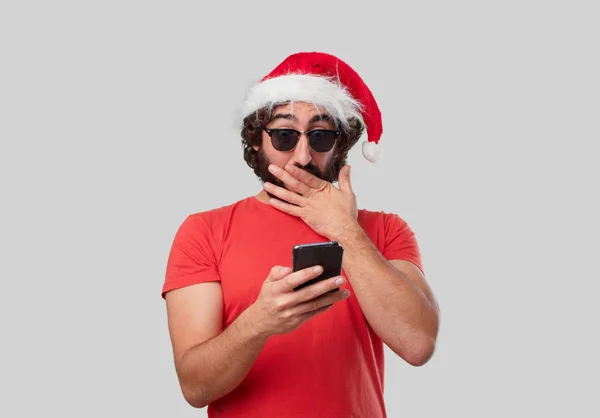 Gek Jongeman Met Mobiele Telefoon Kerst Concept — Stockfoto