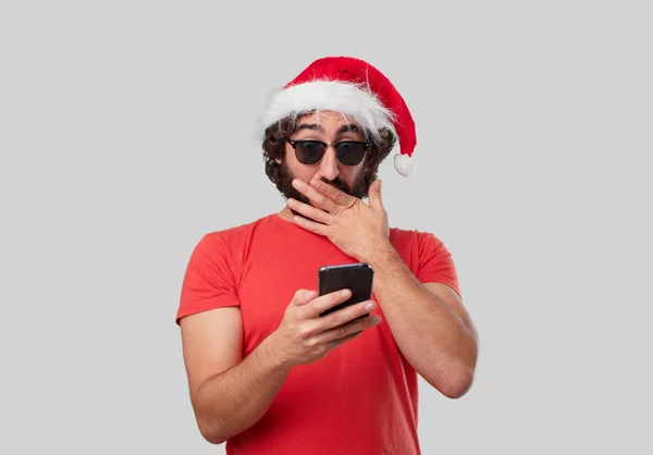 Young Crazy Man Mobile Phone Christmas Concept — Stock Photo, Image