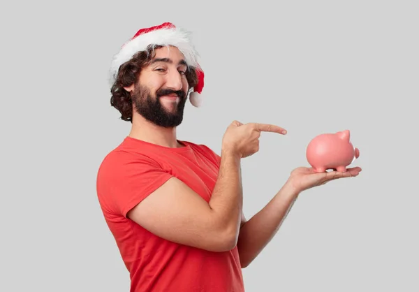 Piggybank と若い狂気の人 クリスマス コンセプト — ストック写真