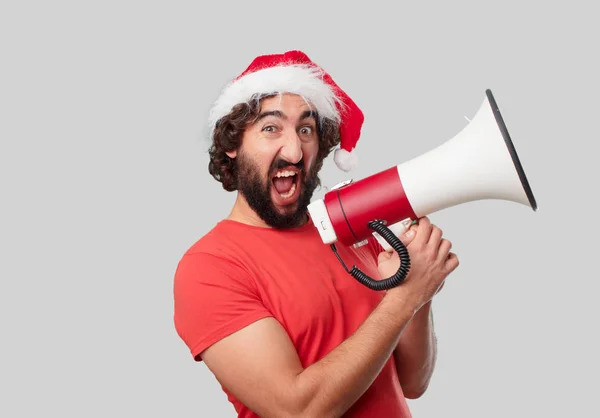 Young Crazy Man Megaphone Christmas Concept — Stock Photo, Image