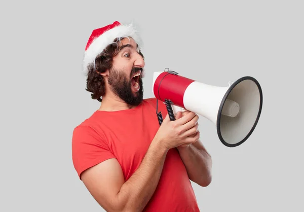 Young Crazy Man Megaphone Christmas Concept — Stock Photo, Image