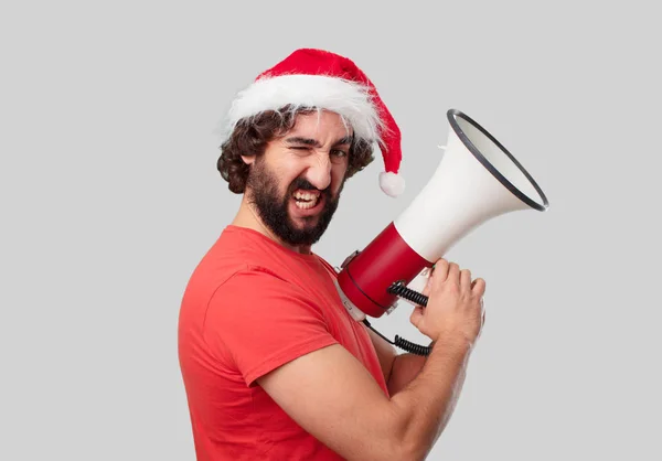 Jovem Louco Com Megafone Conceito Natal — Fotografia de Stock