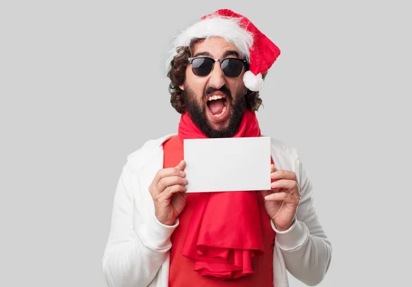 Jovem Louco Com Cartão Branco Conceito Natal — Fotografia de Stock
