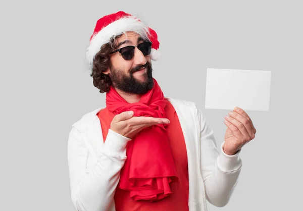 Junger Verrückter Mann Mit Weißer Karte Weihnachtskonzept — Stockfoto