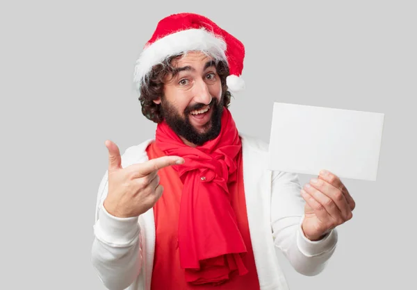 Junger Verrückter Mann Mit Weißer Karte Weihnachtskonzept — Stockfoto
