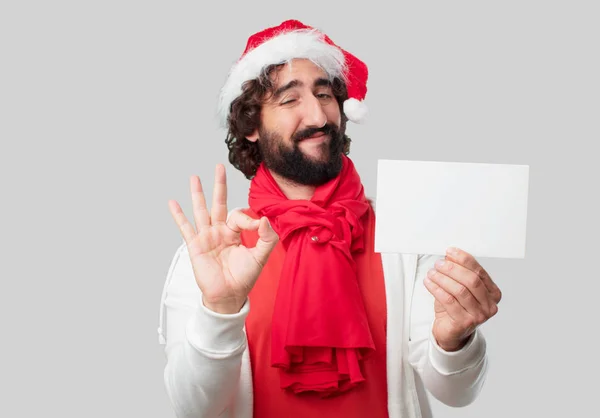 Young Crazy Man White Card Christmas Concept — Stock Photo, Image