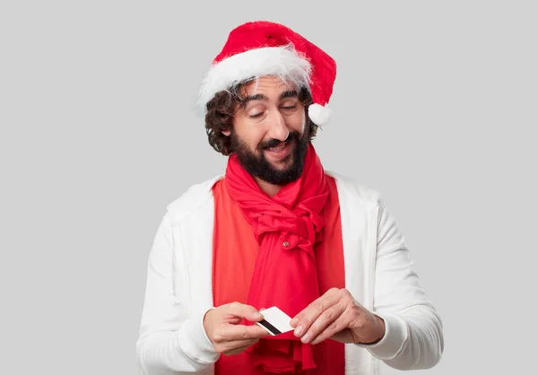 Junger Verrückter Mann Mit Kreditkarte Weihnachtskonzept — Stockfoto