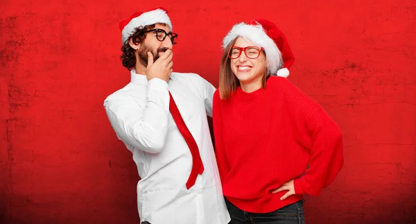 Jovem Casal Expressando Conceito Natal Casal Fundo Diferentes Camadas — Fotografia de Stock