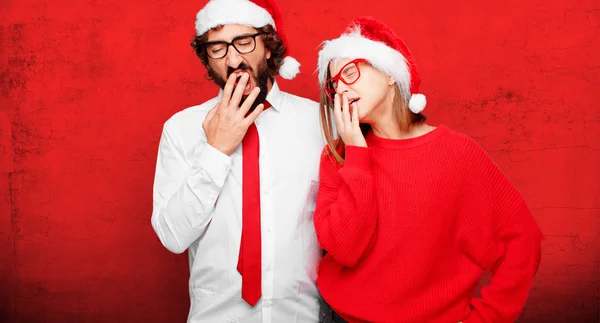 Jovem Casal Expressando Conceito Natal Casal Fundo Diferentes Camadas — Fotografia de Stock