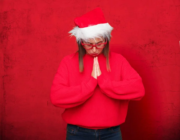 Jeune Jolie Femme Avec Concept Noël Contexte Modifiable — Photo