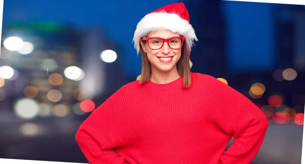 Junge Hübsche Frau Weihnachtskonzept Editierbarer Hintergrund — Stockfoto