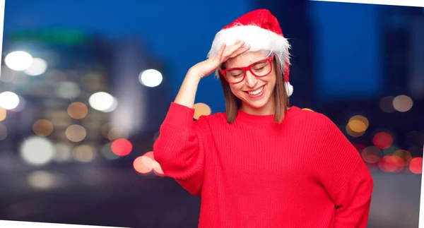 Junge Hübsche Frau Weihnachtskonzept Editierbarer Hintergrund — Stockfoto