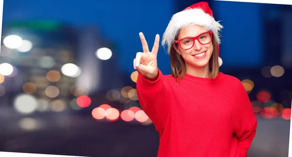 Junge Hübsche Frau Weihnachtskonzept Editierbarer Hintergrund — Stockfoto