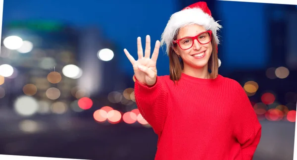 Junge Hübsche Frau Weihnachtskonzept Editierbarer Hintergrund — Stockfoto