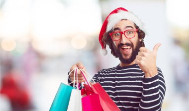 Noel Baba şapkası genç adam. Noel kavramı.