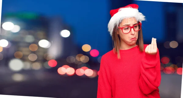 Conceito Natal Mulher Bonita Jovem Contexto Editável — Fotografia de Stock