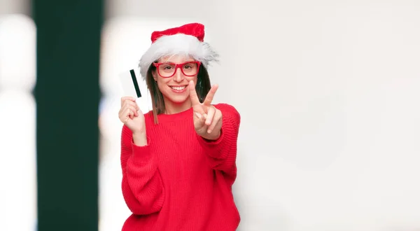 Junge Hübsche Frau Weihnachtskonzept Editierbarer Hintergrund — Stockfoto