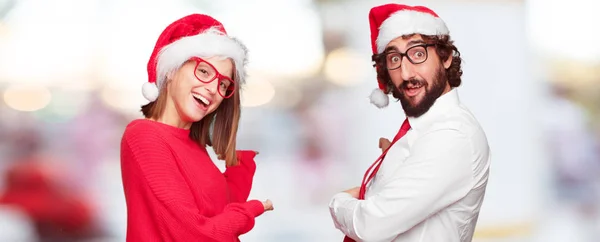 Jovem Casal Expressando Conceito Natal Casal Fundo Diferentes Camadas — Fotografia de Stock