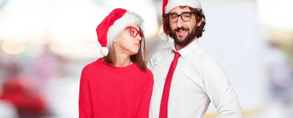 Jovem Casal Expressando Conceito Natal Casal Fundo Diferentes Camadas — Fotografia de Stock