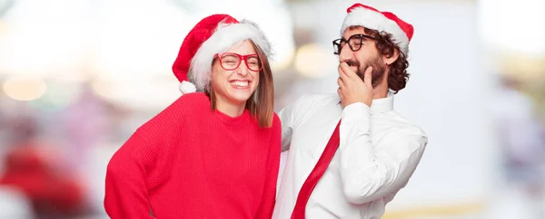 Jovem Casal Expressando Conceito Natal Casal Fundo Diferentes Camadas — Fotografia de Stock