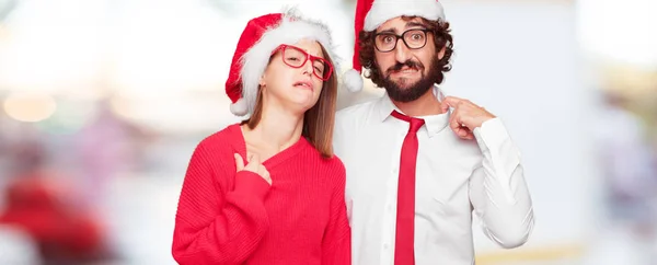 Joven Pareja Expresando Concepto Navidad Pareja Fondo Diferentes Capas — Foto de Stock