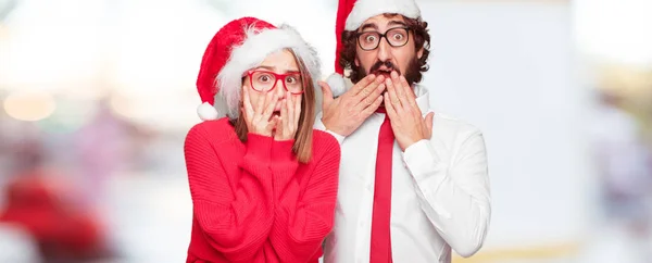 Joven Pareja Expresando Concepto Navidad Pareja Fondo Diferentes Capas —  Fotos de Stock