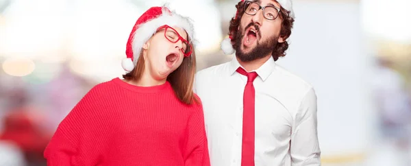 Jovem Casal Expressando Conceito Natal Casal Fundo Diferentes Camadas — Fotografia de Stock