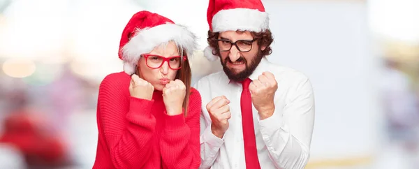 Joven Pareja Expresando Concepto Navidad Pareja Fondo Diferentes Capas — Foto de Stock