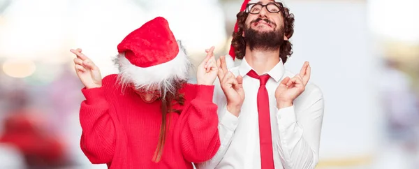 Jeune Couple Exprimant Concept Noël Couple Fond Dans Différentes Couches — Photo