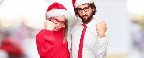 Jovem Casal Expressando Conceito Natal Casal Fundo Diferentes Camadas — Fotografia de Stock