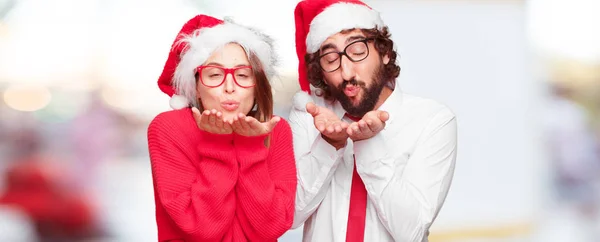 Jovem Casal Expressando Conceito Natal Casal Fundo Diferentes Camadas — Fotografia de Stock