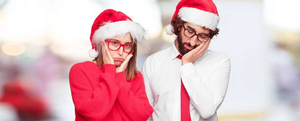 Joven Pareja Expresando Concepto Navidad Pareja Fondo Diferentes Capas — Foto de Stock