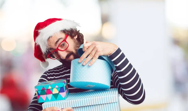 Joven Con Sombrero Santa Concepto Navidad —  Fotos de Stock