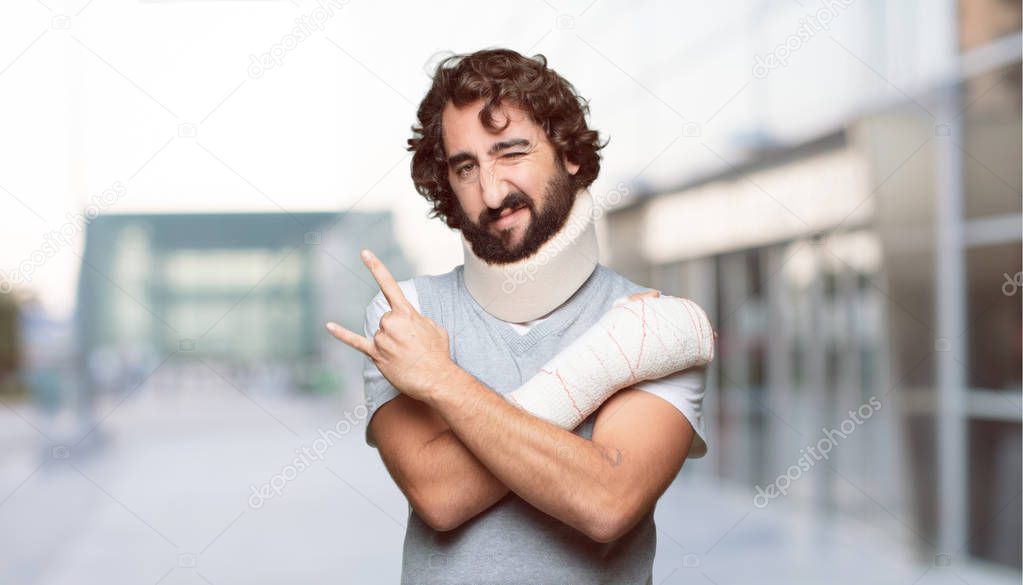 Young man broken bones. Injury and victim of an accident concept.