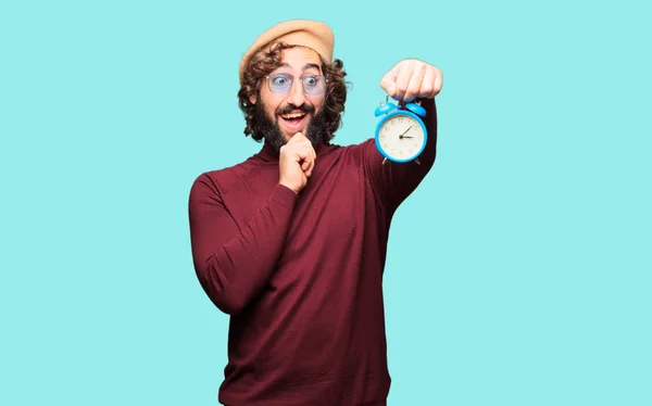 French Artist Beret Holding Alarm Clock — Stock Photo, Image