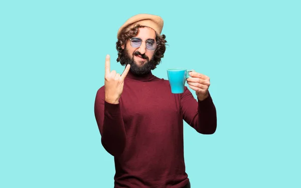 Francuski Artysta Beret Trzymając Kawę — Zdjęcie stockowe