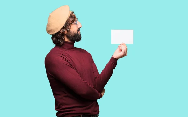 Franse Kunstenaar Met Een Baret Houden Een Bordje — Stockfoto