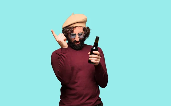 French Artist Beret Holding Beer — Stock Photo, Image