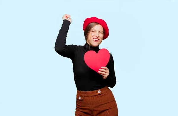 Jovem Mulher Bonita Com Expressão Amor Conceito Para Dia Dos — Fotografia de Stock