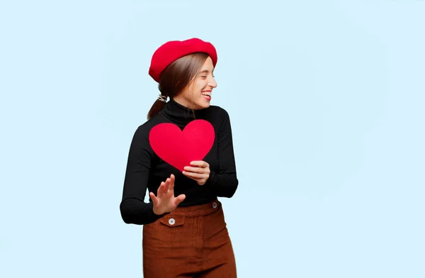 Jovem Mulher Bonita Com Expressão Amor Conceito Para Dia Dos — Fotografia de Stock