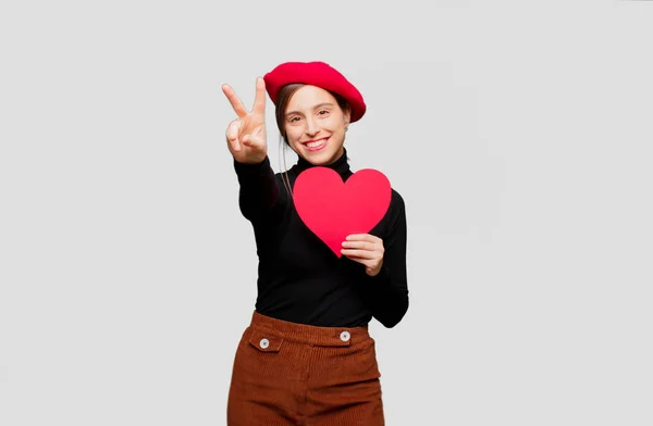 Jovem Mulher Bonita Com Expressão Amor Conceito Para Dia Dos — Fotografia de Stock