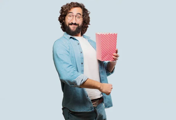 Jonge Dwaas Man Met Een Popcorn Emmer — Stockfoto