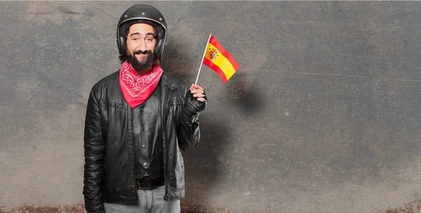 Motociclista Com Uma Bandeira Espanha — Fotografia de Stock