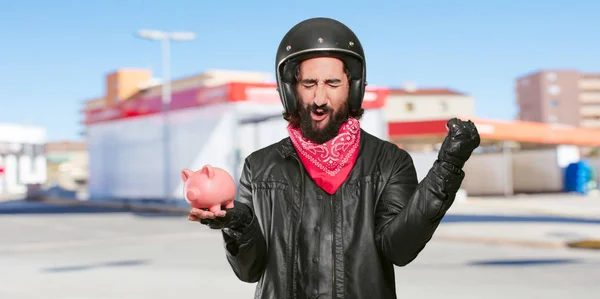 Motociclista Con Salvadanaio — Foto Stock