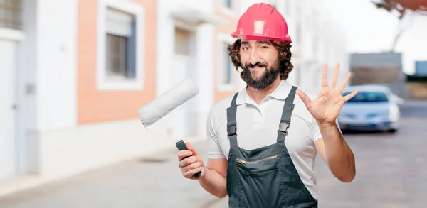 Young Man Worker Paint Roller — Stock Photo, Image