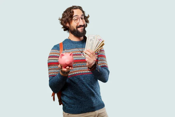 Jovem Hippie Homem Com Porquinho Banco — Fotografia de Stock