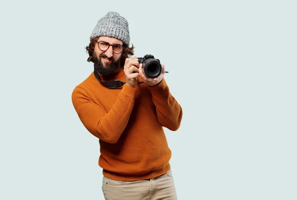 Jovem Barbudo Homem Com Foto Câmera — Fotografia de Stock